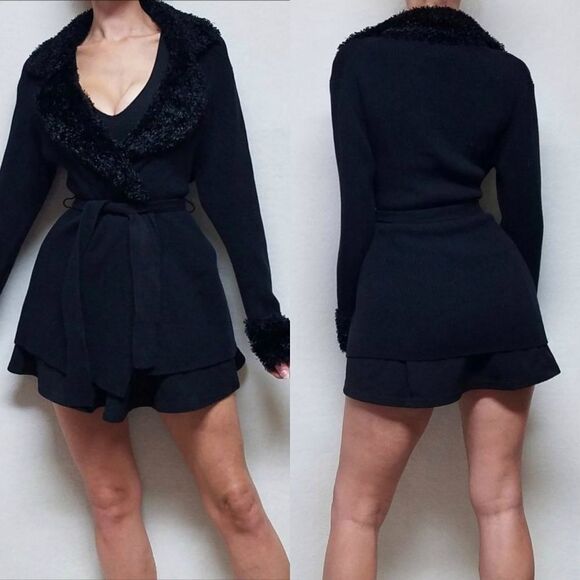 RARE Vintage Max Studio Knitwear Black Knit Notched Collar Belted SweaterJacket - Picture 1 of 16